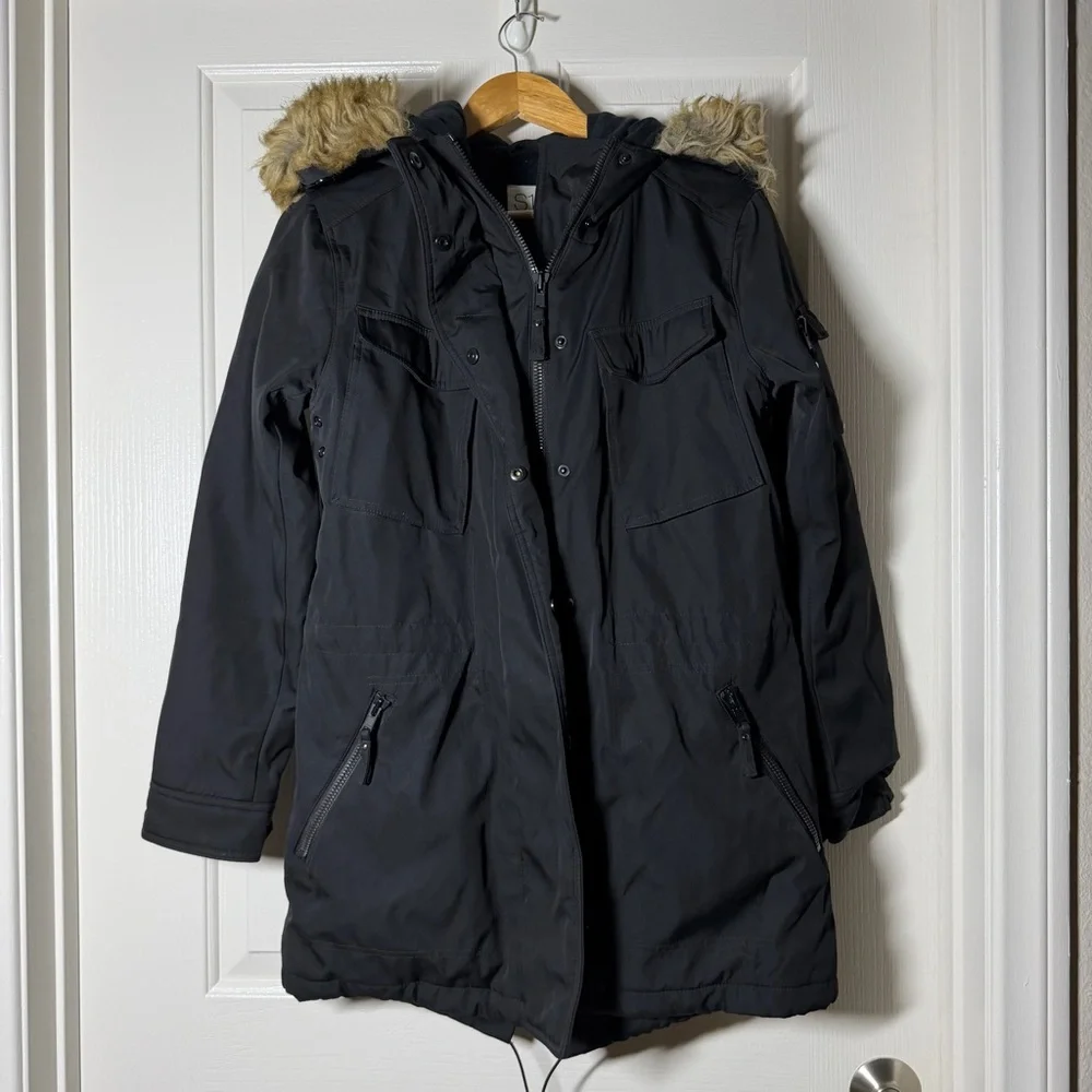 S13 Black Parka Anorak Coat Jacket with Faux Fur Hood Size Small S Neutral Warm